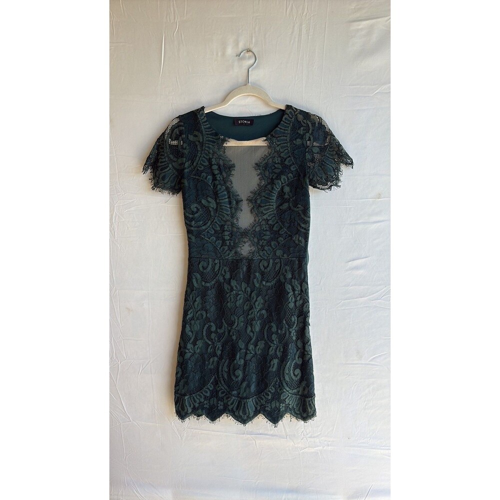 Storia Forest Green Eyelash Lace Mini Dress with Sheer Mesh V-Neck